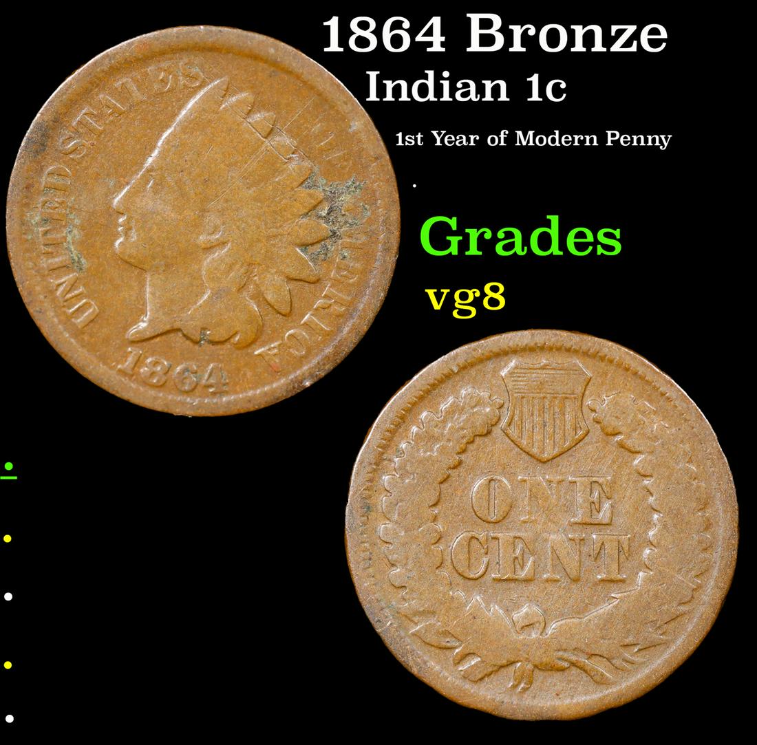 1864 Bronze Indian Cent 1c Grades vg, very good (1 of 3)