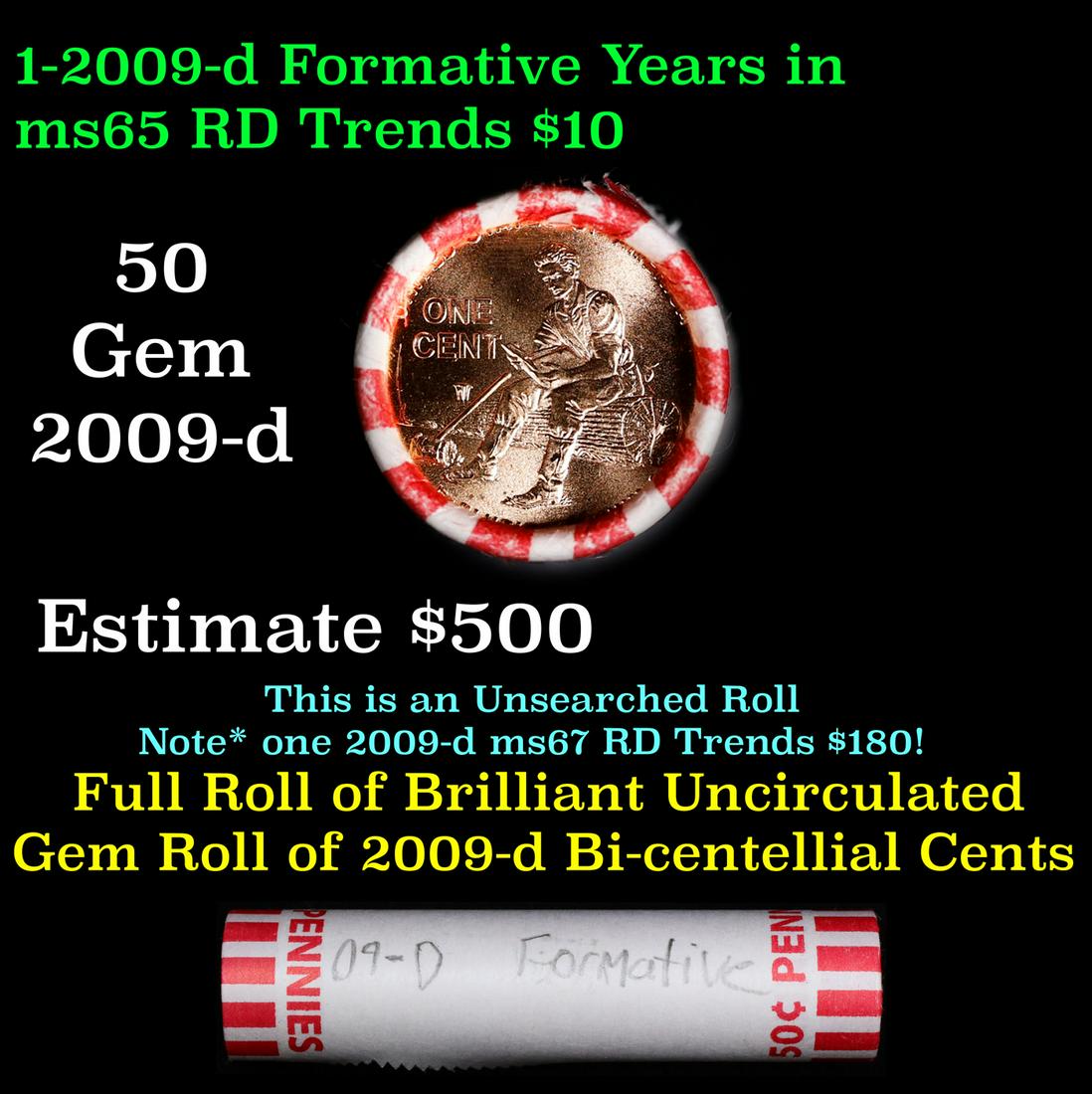 Shotgun Lincoln 1c roll, 2009-d Formative Years 50 pcs Bank Wrapper.: Shotgun Lincoln 1c roll, 2009-d Formative Years 50 pcs Bank Wrapper.. A terrific Shotgun roll of Lincoln cents. Most if not all coin should be cherry red.