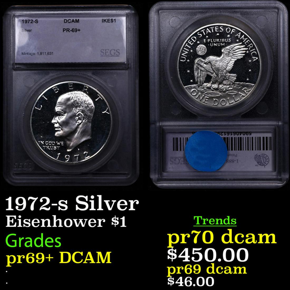Proof 1972-s Silver Eisenhower Dollar $1 Graded pr69+ DCAM BY SEGS (1 of 3)
