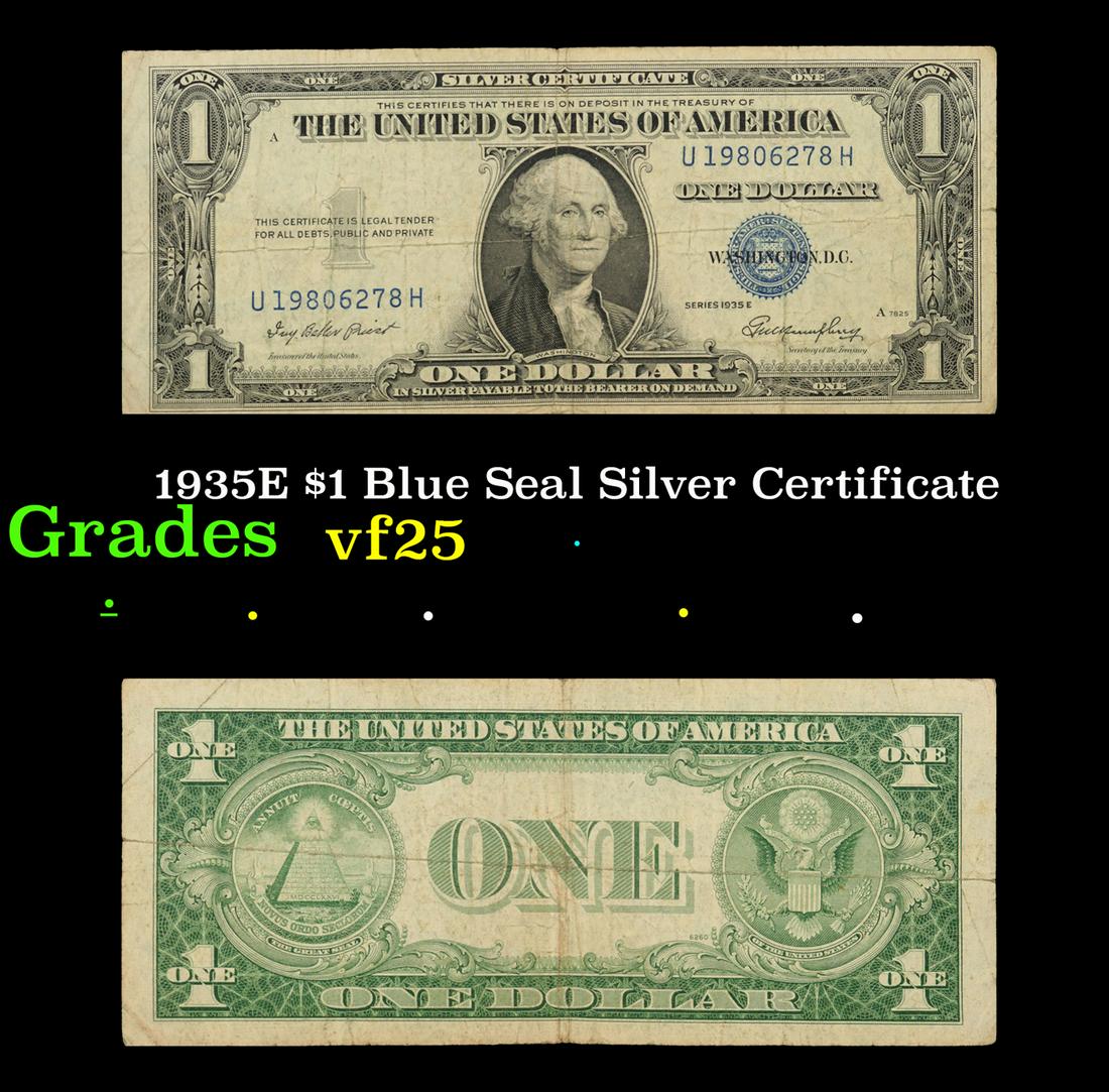 1935E $1 Blue Seal Silver Certificate Grades vf+: 1935E $1 Blue Seal Silver Certificate Grades vf+. Silver Certificates were redeemable in Silver. One of their most distinctive qualities is the blue Treasury seal and serial numbers. These notes inclu