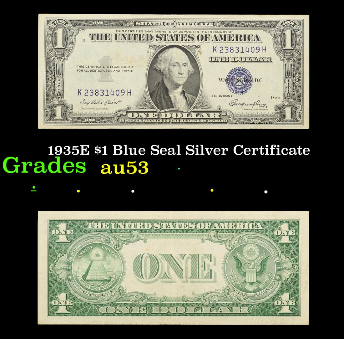 1935E $1 Blue Seal Silver Certificate Grades Select AU: 1935E $1 Blue Seal Silver Certificate Grades Select AU. Silver Certificates were redeemable in Silver. One of their most distinctive qualities is the blue Treasury seal and serial numbers. These notes
