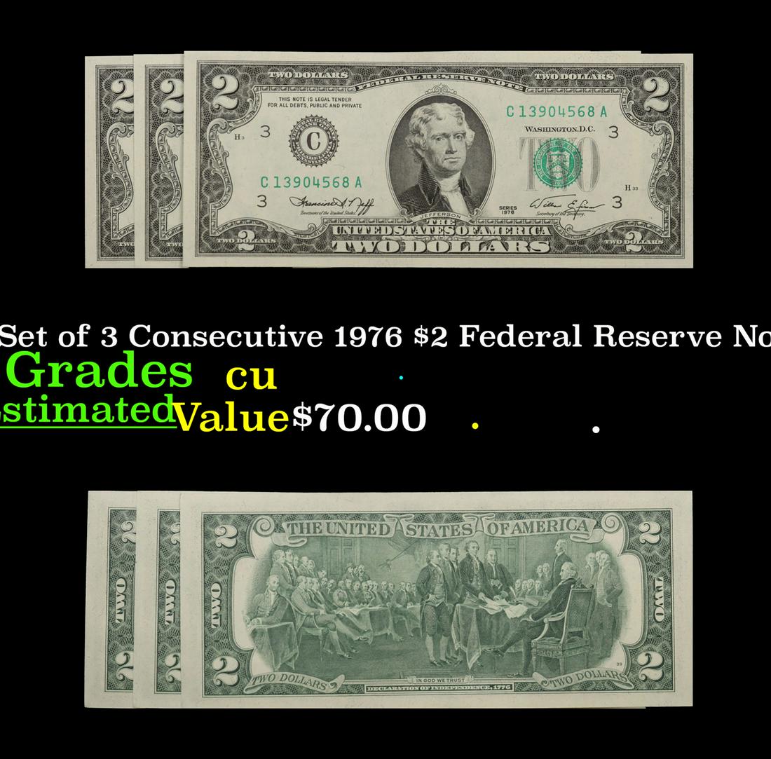 Set of 3 Consecutive 1976 $2 Federal Reserve Note Grades CU (1 of 7)