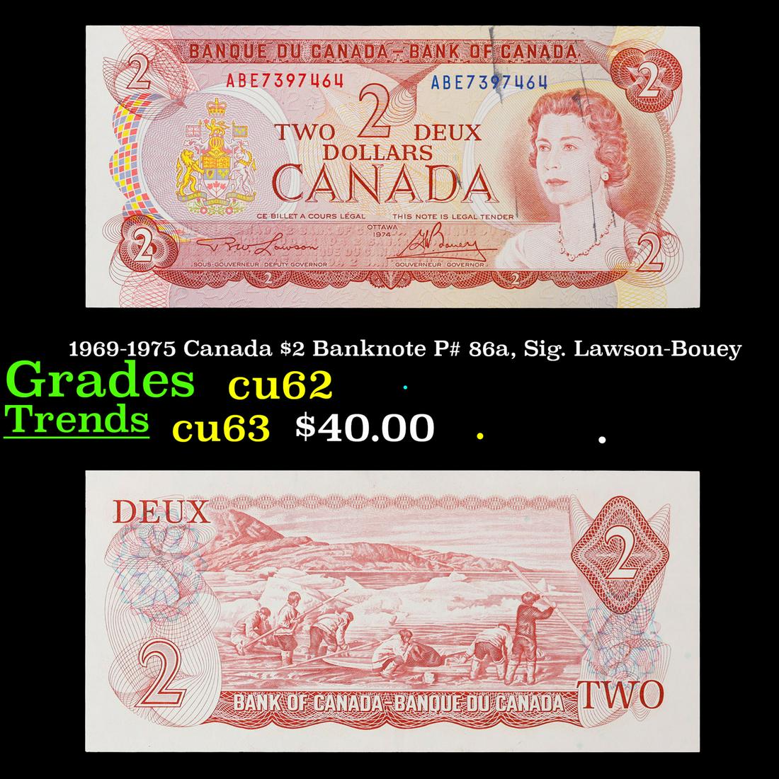 1969-1975 Canada $2 Banknote P# 86a, Sig. Lawson-Bouey Grades Select CU (1 of 3)