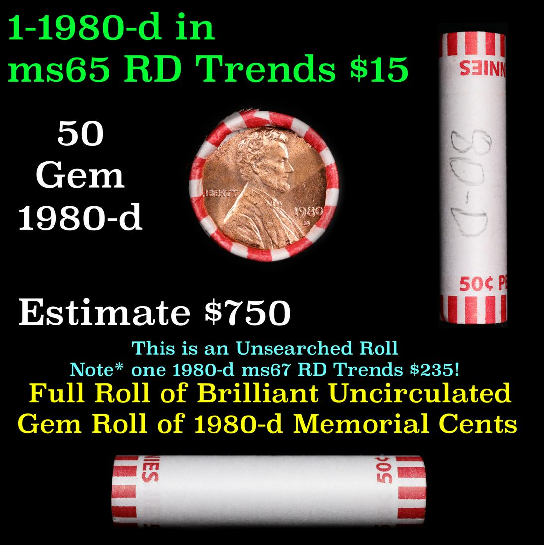 Shotgun Lincoln 1c roll, 1980-d 50 pcs Bank Wrapper.: Shotgun Lincoln 1c roll, 1980-d 50 pcs Bank Wrapper.. A terrific Shotgun roll of Lincoln cents. Most if not all coin should be cherry red.