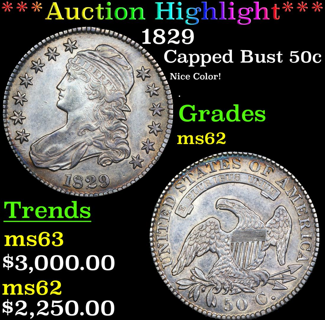 ***Auction Highlight*** 1829 Capped Bust Half Dollar 50c Graded ms62 By SEGS (fc) (1 of 3)