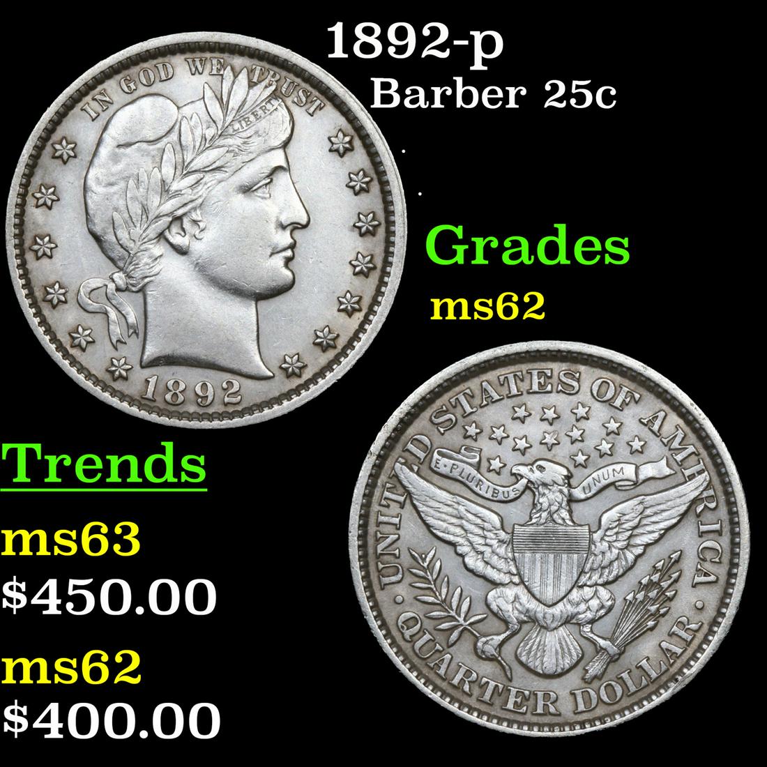 1892-p Barber Quarter 25c Graded ms62 By SEGS (1 of 3)