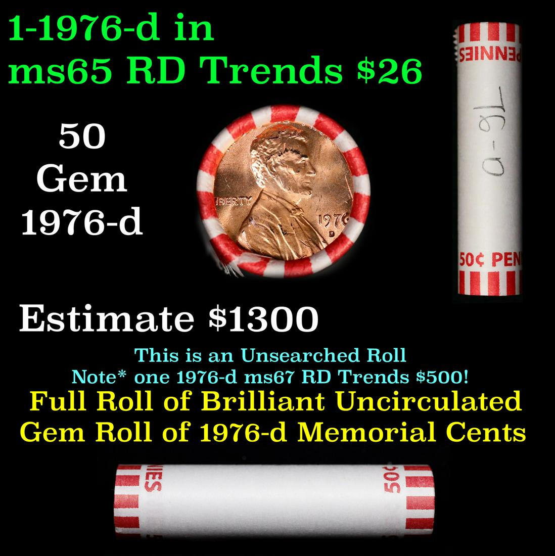 Shotgun Lincoln 1c roll, 1976-d 50 pcs Bank Wrapper.: Shotgun Lincoln 1c roll, 1976-d 50 pcs Bank Wrapper.. A terrific Shotgun roll of Lincoln cents. Most if not all coin should be cherry red.