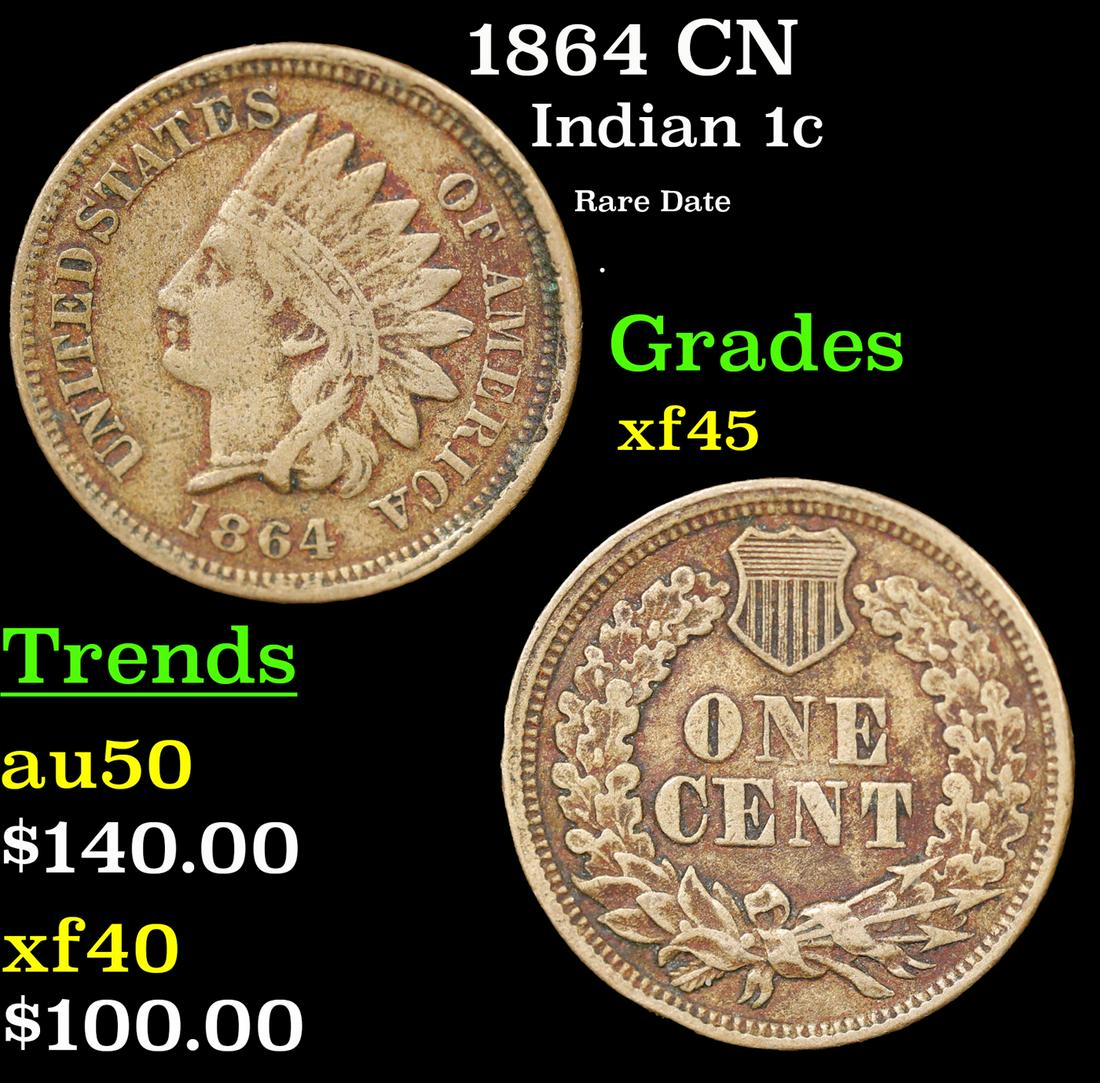 1864 CN Indian Cent 1c Grades xf+ (1 of 3)