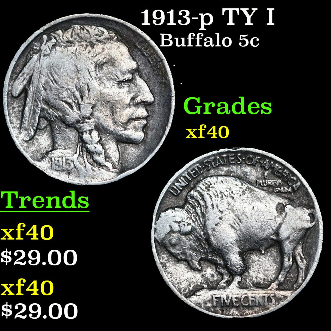 1913-p TY I Buffalo Nickel 5c Grades xf (1 of 3)
