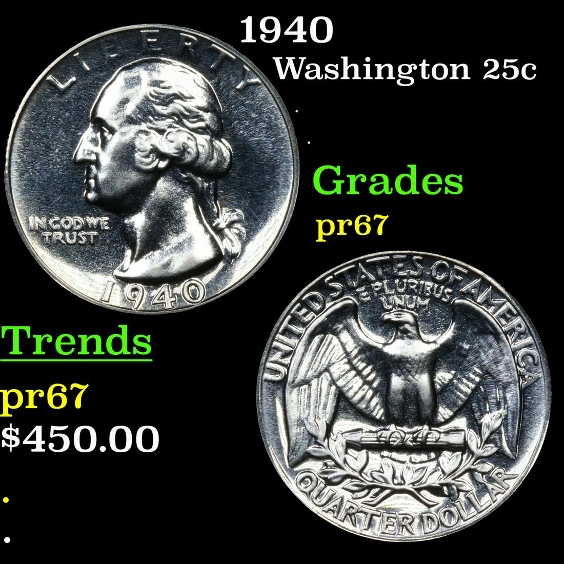 Proof 1940 Washington Quarter 25c Graded pr67 By SEGS (1 of 3)