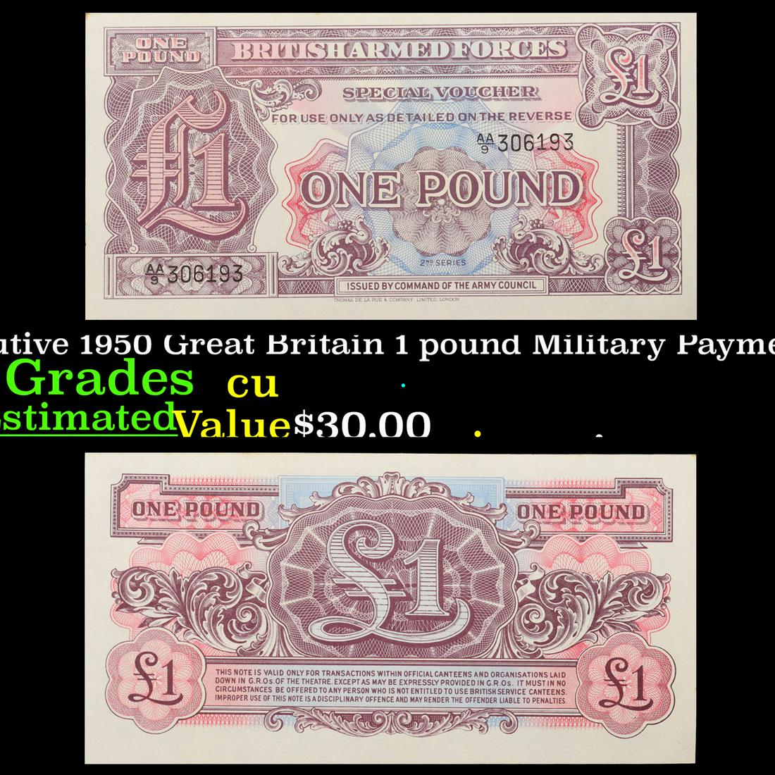 Set of 2 Concecutive 1950 Great Britain 1 pound Military Payment Note  P# m22A Grades CU (1 of 5)