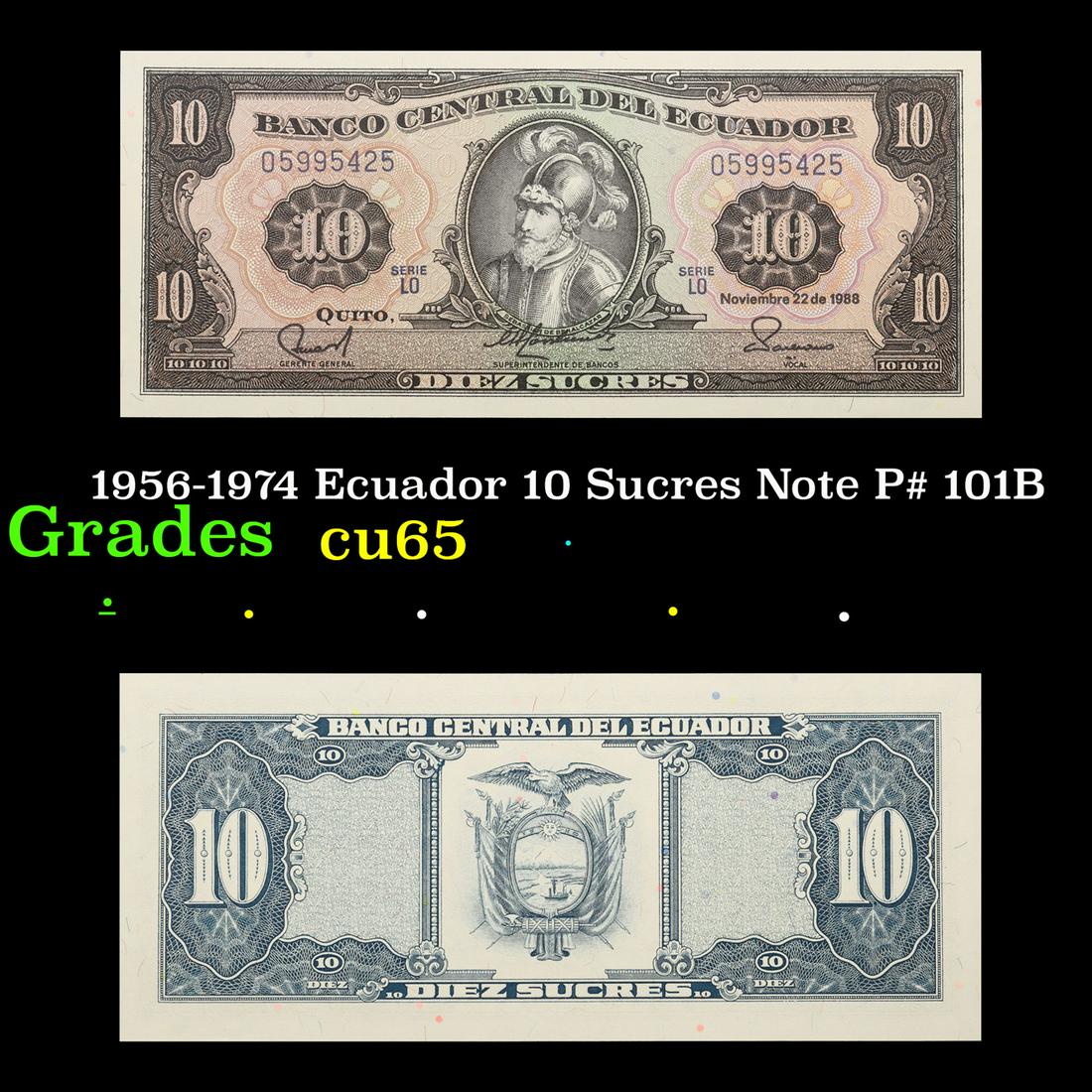 1956-1974 Ecuador 10 Sucres Note P# 101B Grades Gem CU (1 of 3)