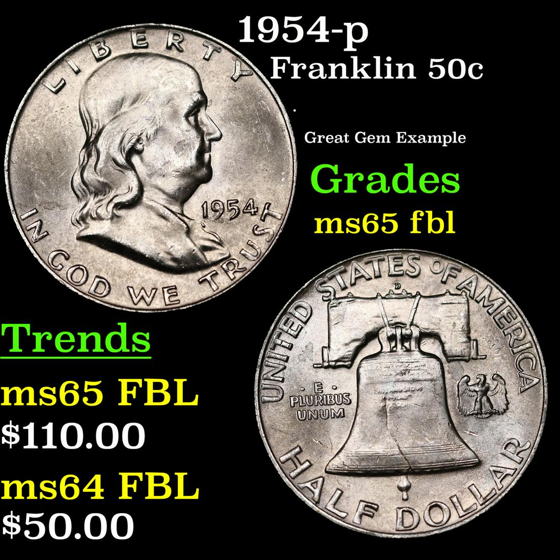 1954-p Franklin Half Dollar 50c Grades GEM FBL (1 of 3)
