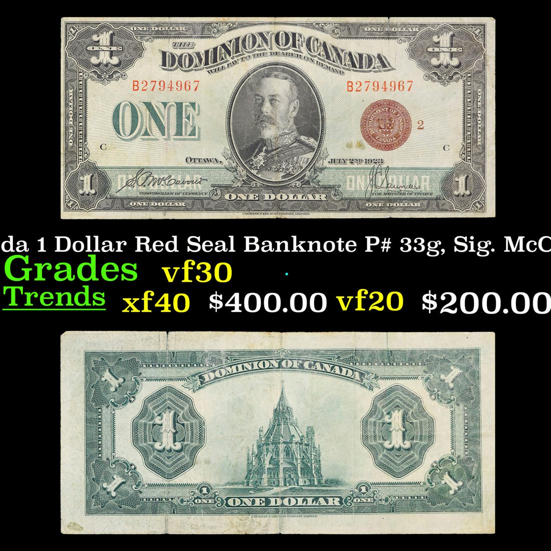 1923-1925 Canada 1 Dollar Red Seal Banknote P# 33g, Sig. McCavour & Sanders Grades vf++ (1 of 3)
