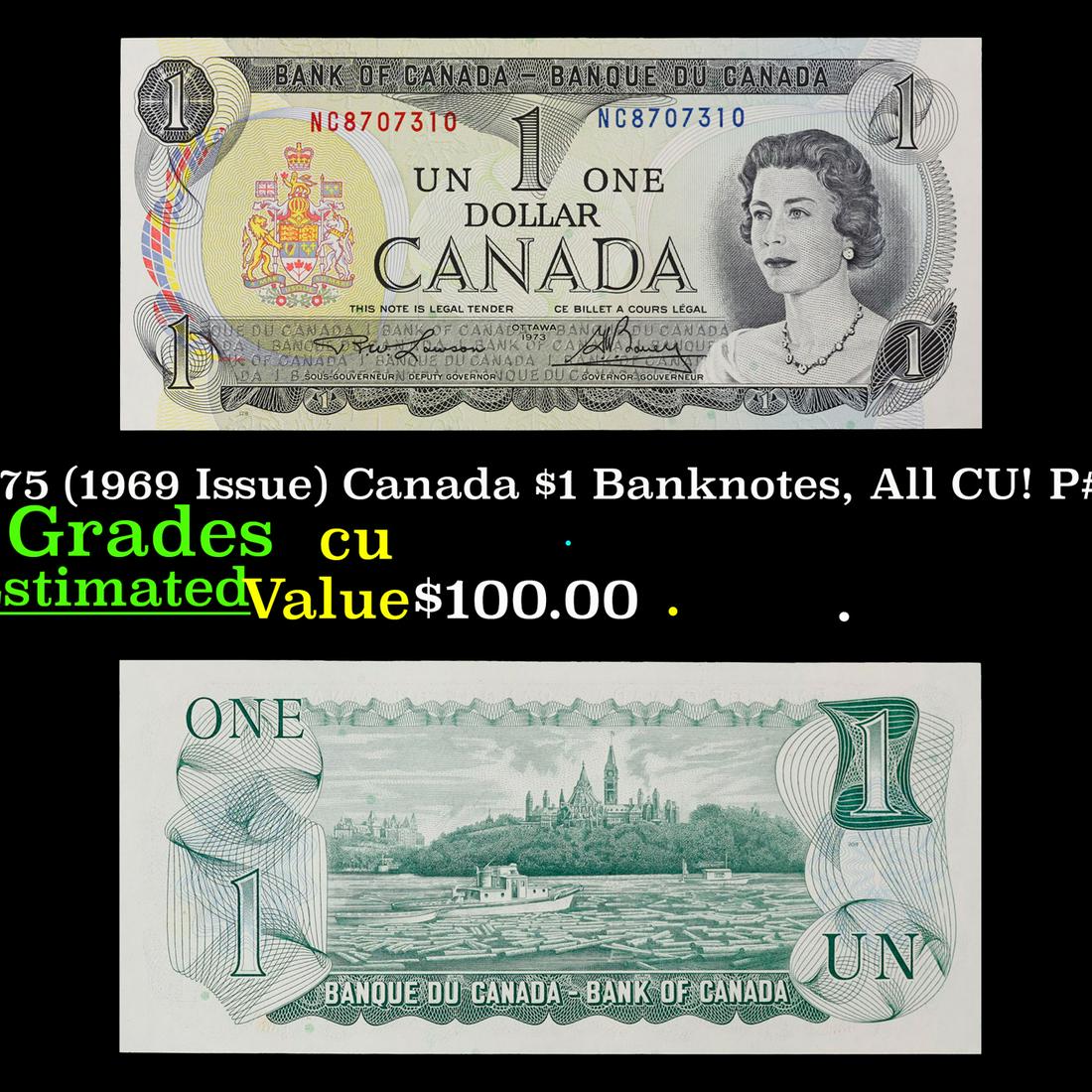 2x Consecutive 1969-1975 (1969 Issue) Canada $1 Banknotes, All CU! P# 85a, Sig. Lawson-Bouey Grades (1 of 5)