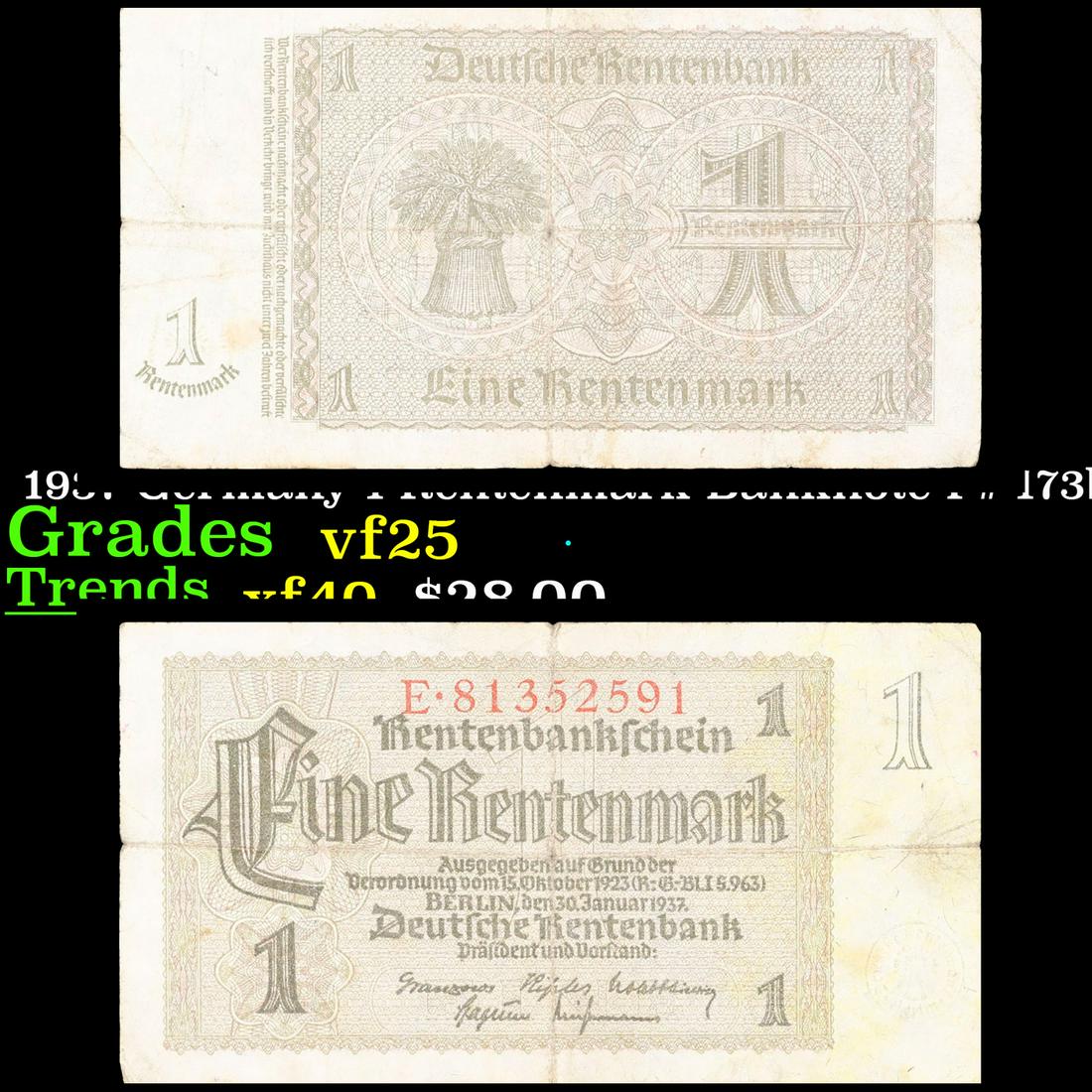 1937 Germany 1 Rentenmark Banknote P# 173b Grades vf+: 1937 Germany 1 Rentenmark Banknote P# 173b Grades vf+. The "Rentenmark" was issued in 1923 to help stop the hyperinflation in Weimar Germany after the "Paper Mark" had become worthless. Unlike the Gol