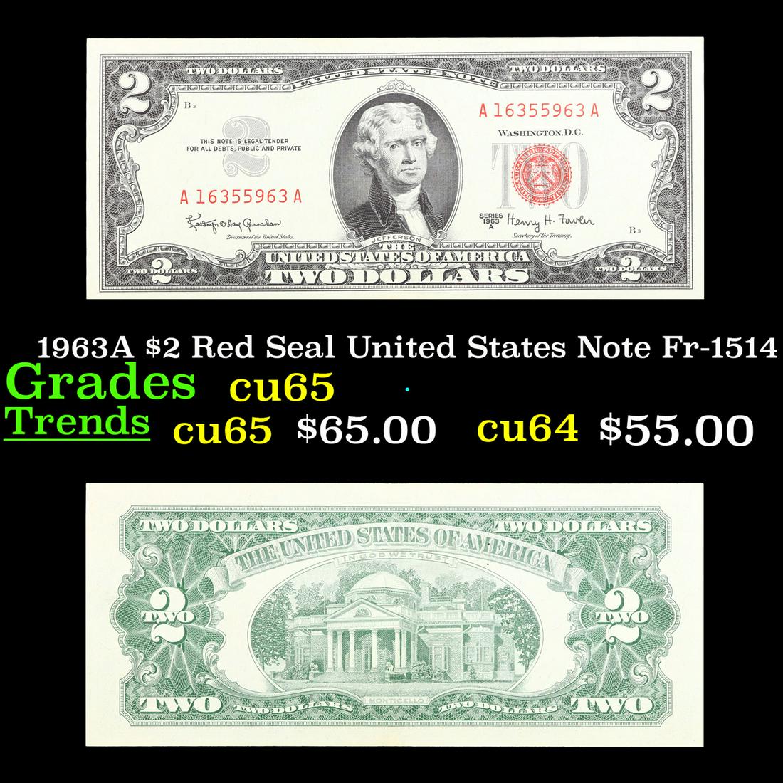 1963A $2 Red Seal United States Note Fr-1514 Grades Gem CU (1 of 3)