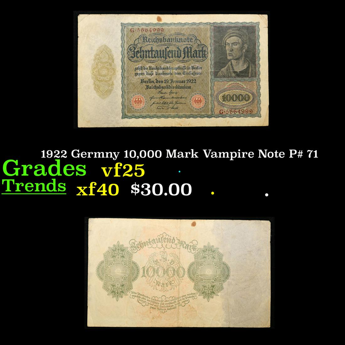 1922 Germny 10,000 Mark Vampire Note P# 71 Grades vf+ (1 of 3)