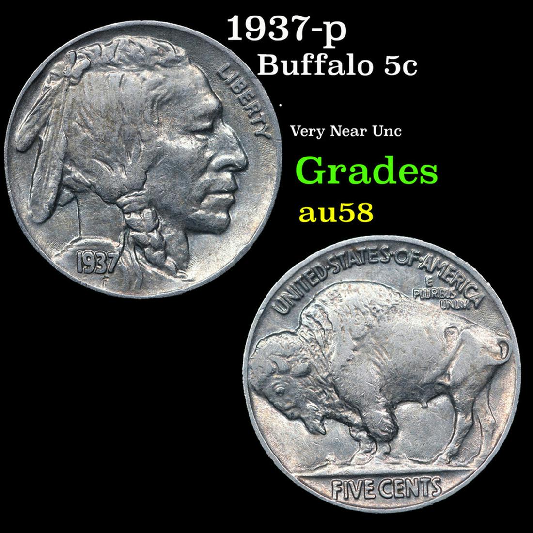 1937-p Buffalo Nickel 5c Grades Choice AU/BU Slider (1 of 3)