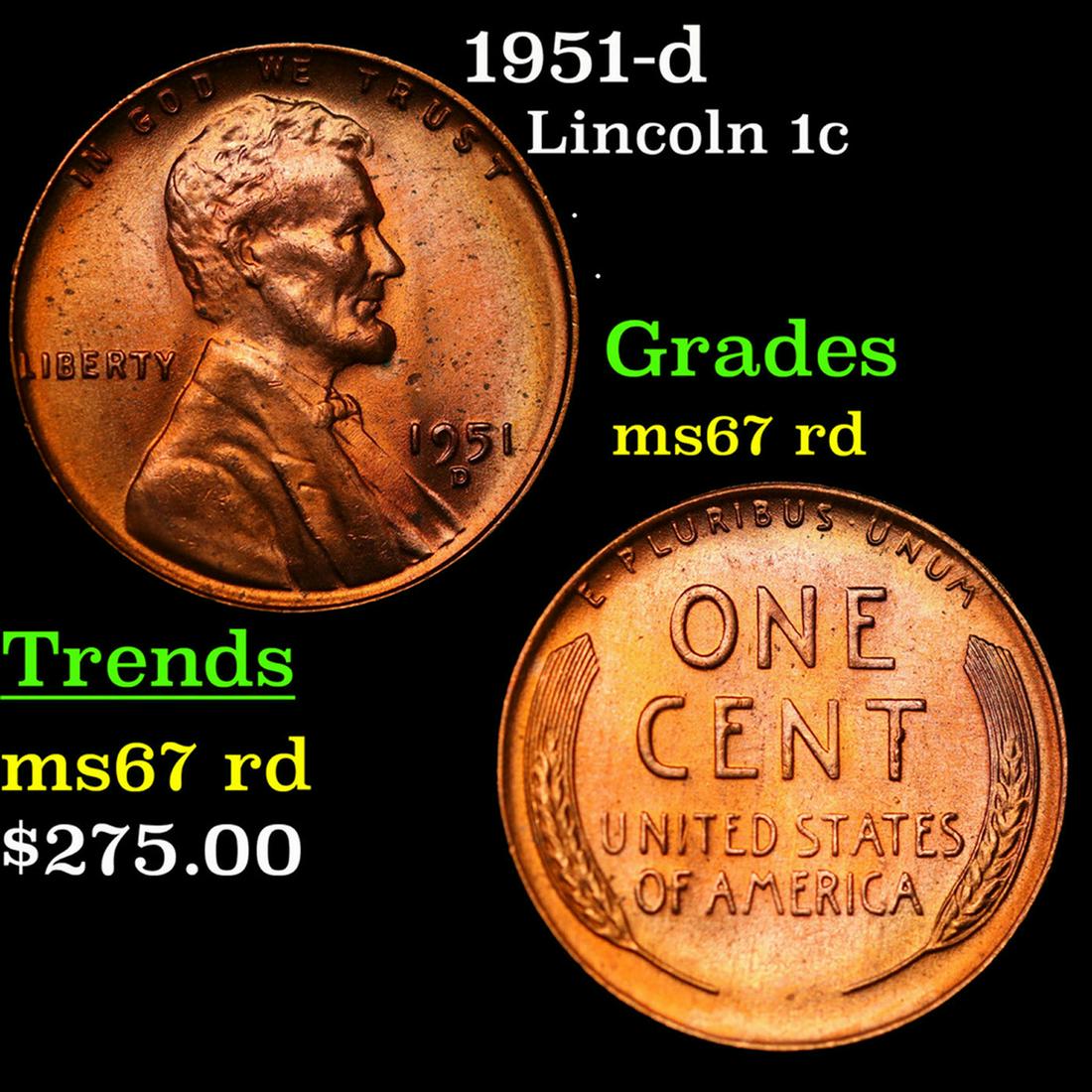 1951-d Lincoln Cent 1c Grades Gem++ Red (1 of 3)