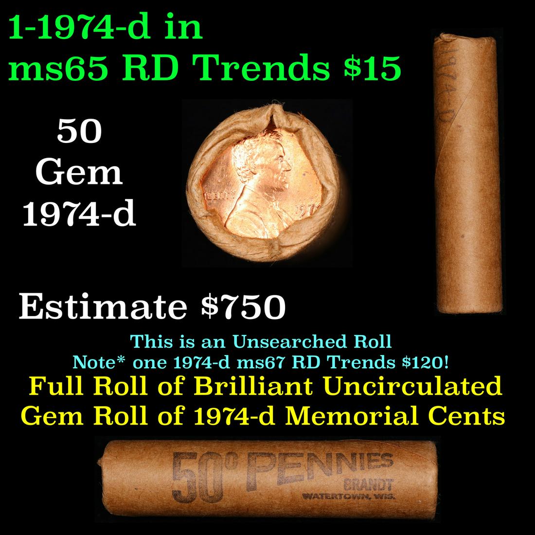 Shotgun Lincoln 1c roll, 1974-d 50 pcs Bank Wrapper.: Shotgun Lincoln 1c roll, 1974-d 50 pcs Bank Wrapper.. A terrific Shotgun roll of Lincoln cents. Most if not all coin should be cherry red.