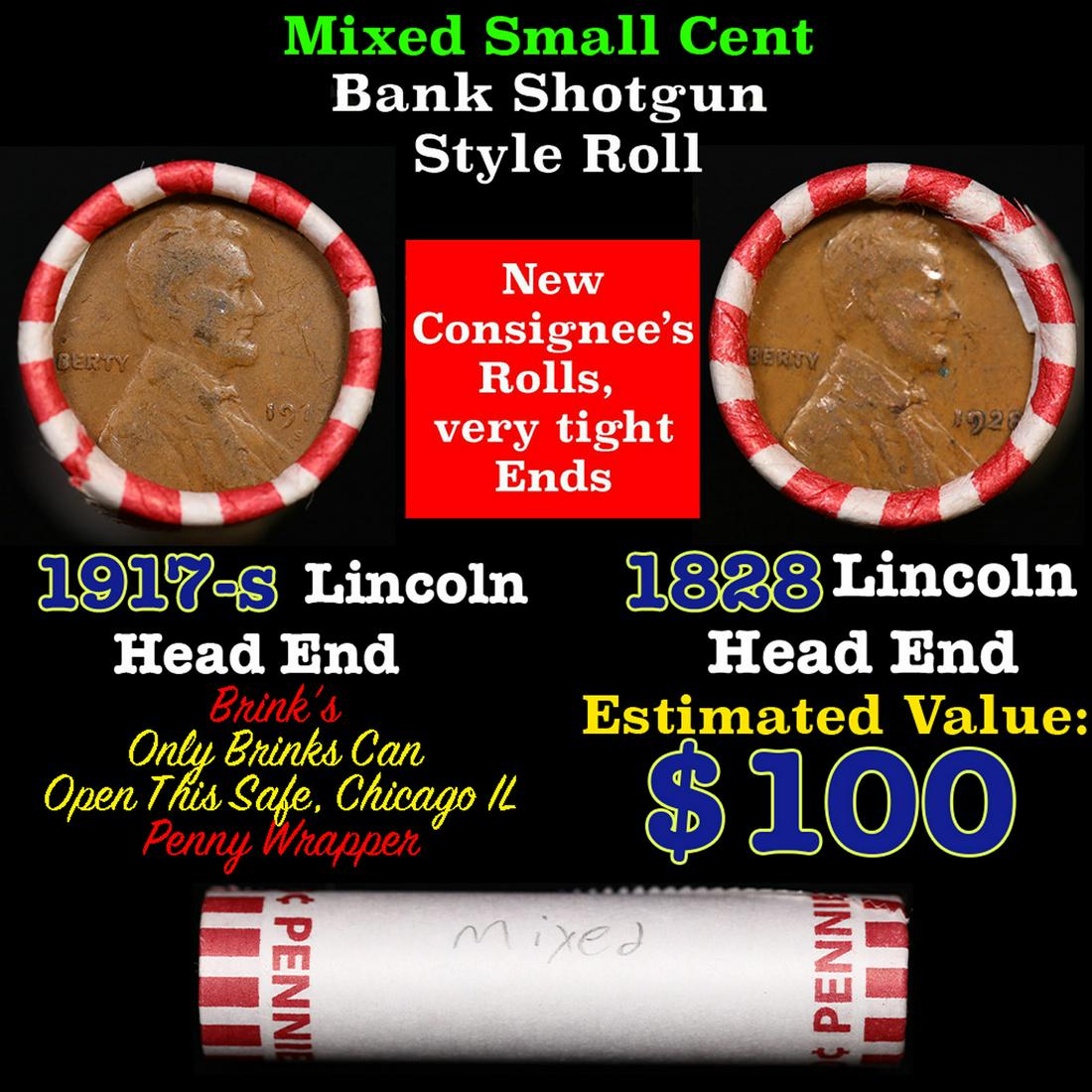 Mixed small cents 1c orig shotgun roll, 1928-p Wheat Cent, 1917-s Lincoln Cent other end, Brinks: Mixed small cents 1c orig shotgun roll, 1928-p Wheat Cent, 1917-s Lincoln Cent other end, Brinks Wrapper.. The roll is held in an old Rare & Collectable Brinks 'Only Brinks Can Open This Safe, Chicago