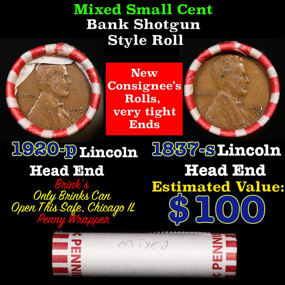 Mixed small cents 1c orig shotgun roll, 1920-p Wheat Cent, 1937-s Lincoln Cent other end, Brinks: Mixed small cents 1c orig shotgun roll, 1920-p Wheat Cent, 1937-s Lincoln Cent other end, Brinks Wrapper.. The roll is held in an old Rare & Collectable Brinks 'Only Brinks Can Open This Safe, Chicago