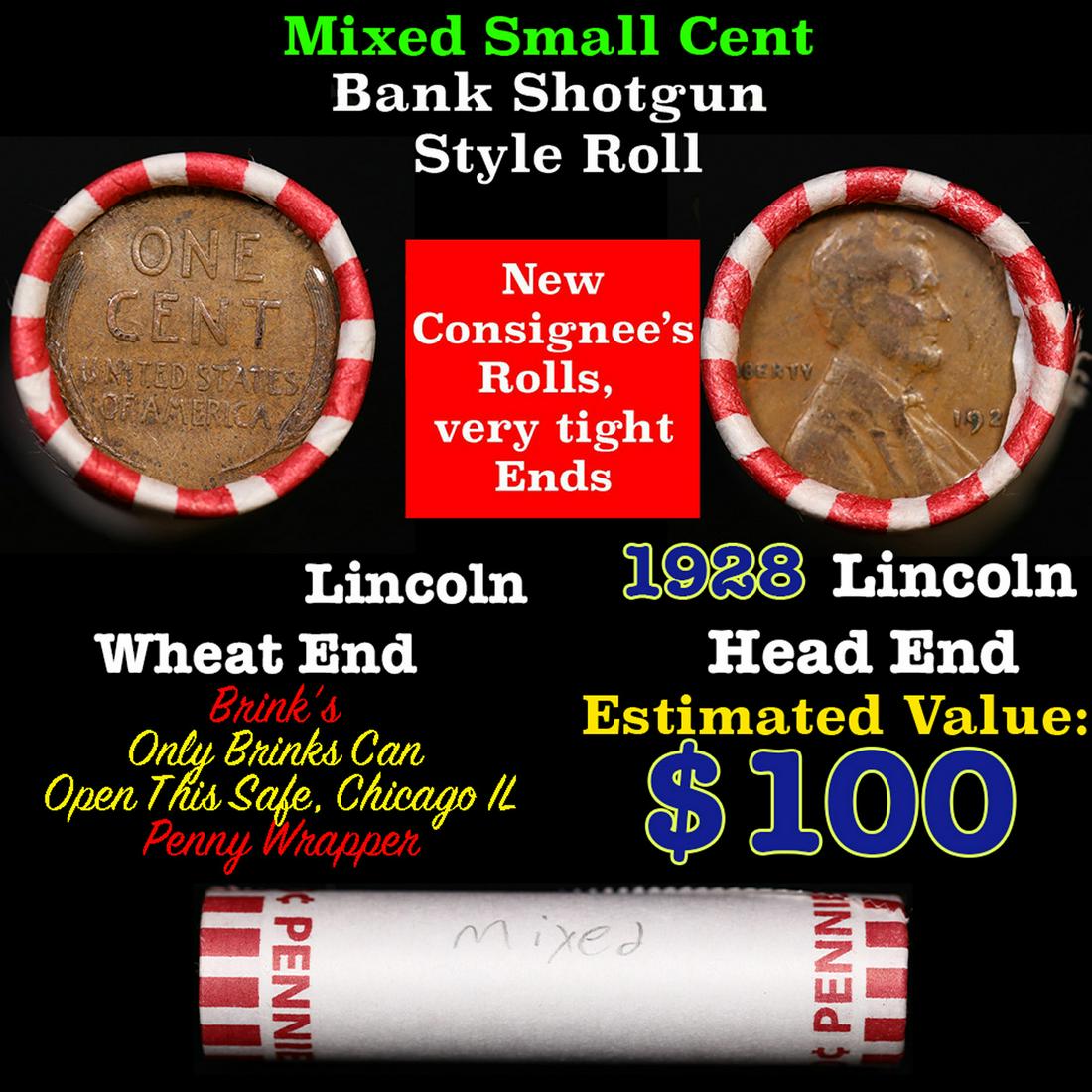 Mixed small cents 1c orig shotgun roll, 1928-p Wheat Cent,Wheat Cent other end, Brinks Wrapper.: Mixed small cents 1c orig shotgun roll, 1928-p Wheat Cent,Wheat Cent other end, Brinks Wrapper.. The roll is held in an old Rare & Collectable Brinks 'Only Brinks Can Open This Safe, Chicago IL' Penny