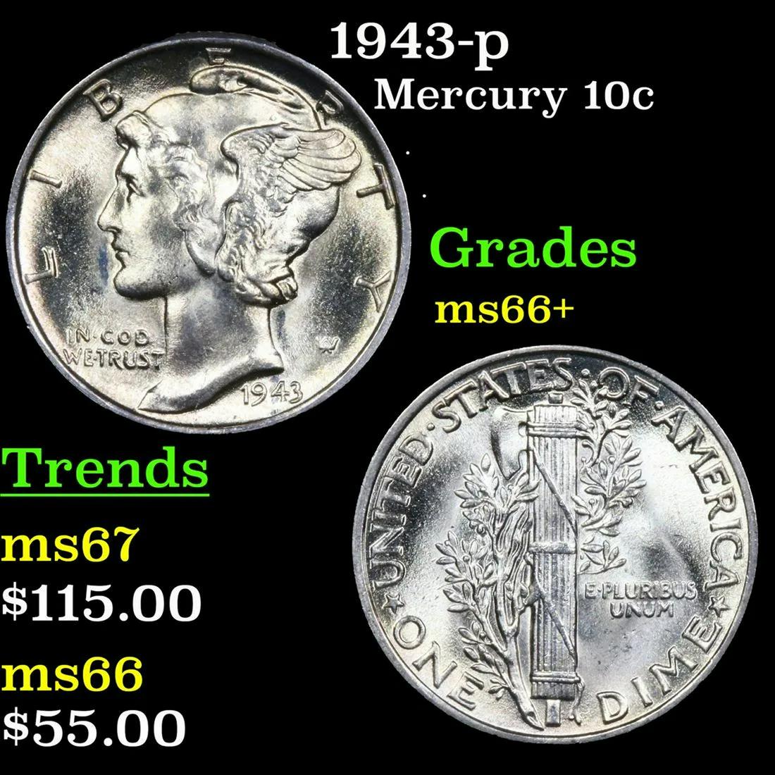 1943-p Mercury Dime 10c Grades GEM++ Unc (1 of 3)