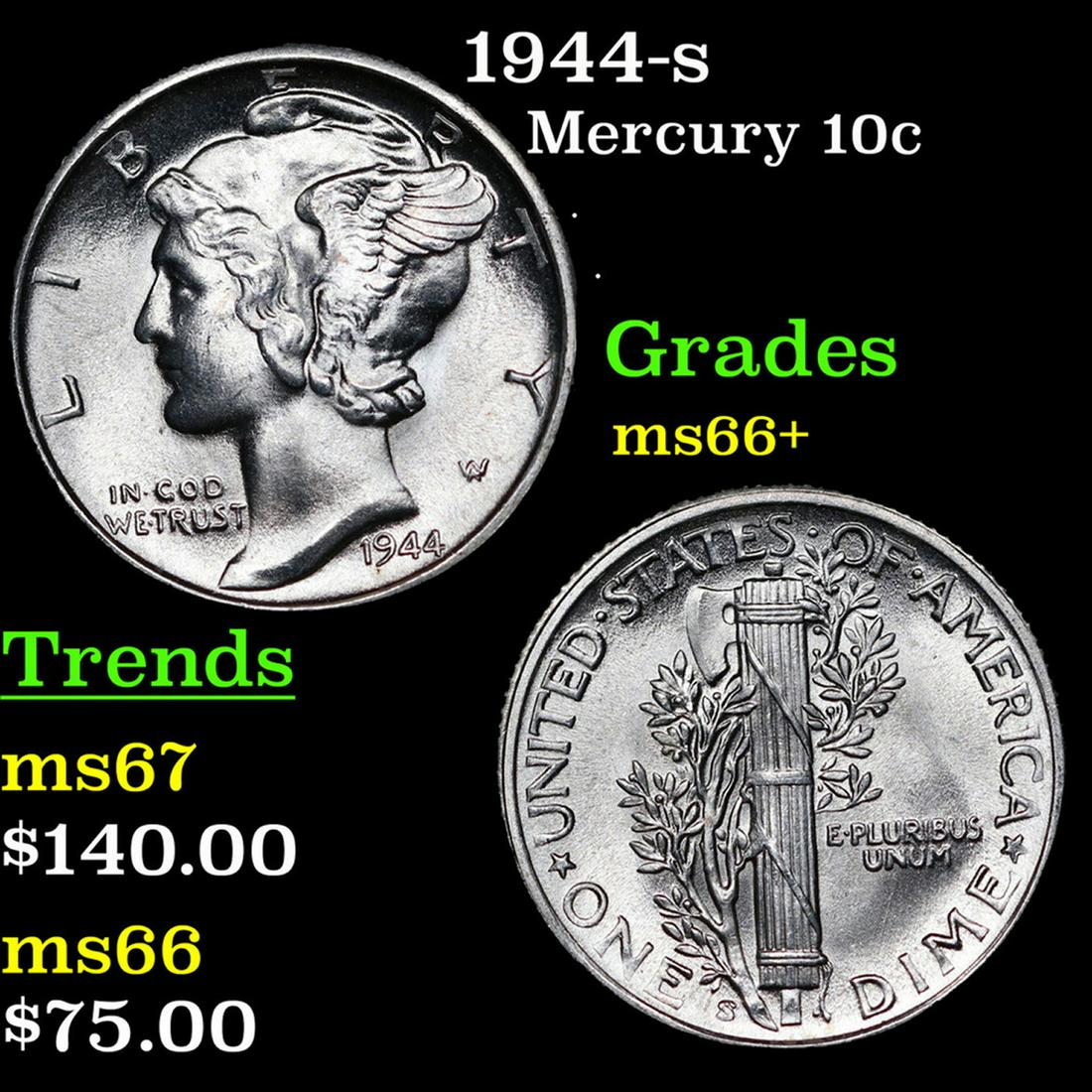 1944-s Mercury Dime 10c Grades GEM++ Unc (1 of 3)