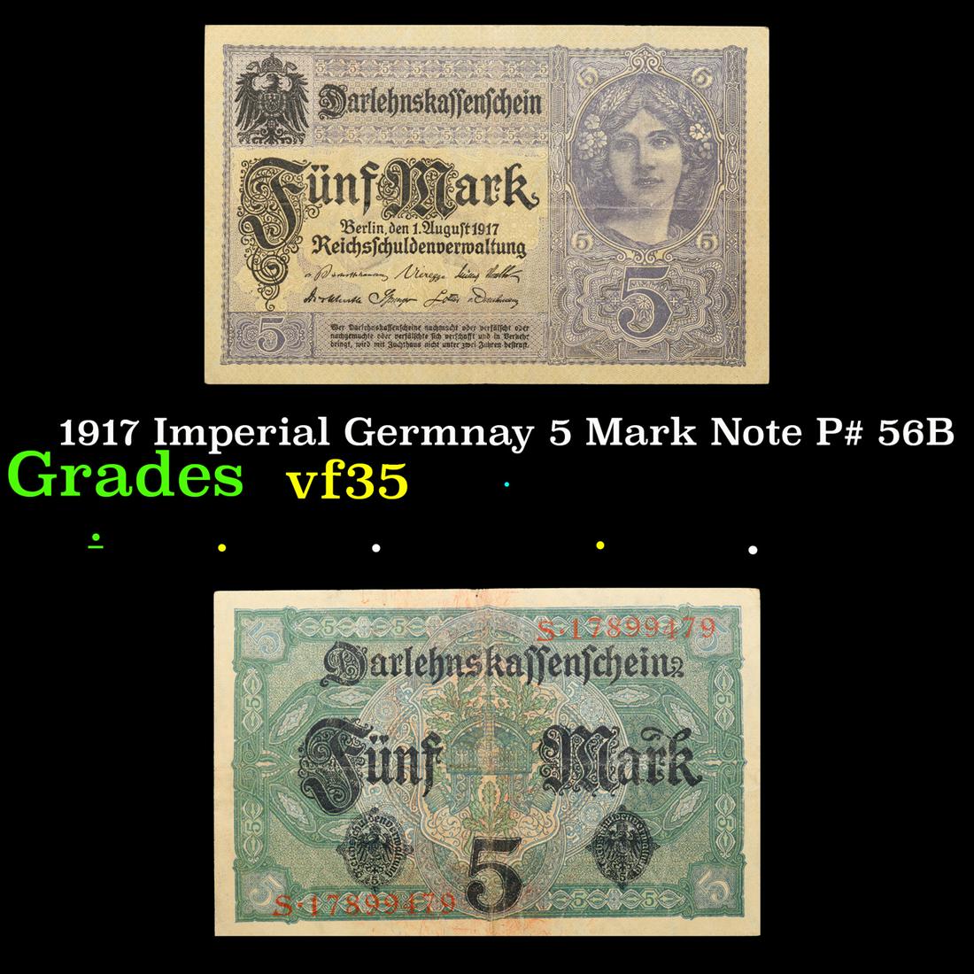 1917 Imperial Germnay 5 Mark Note P# 56B Grades vf++ (1 of 3)