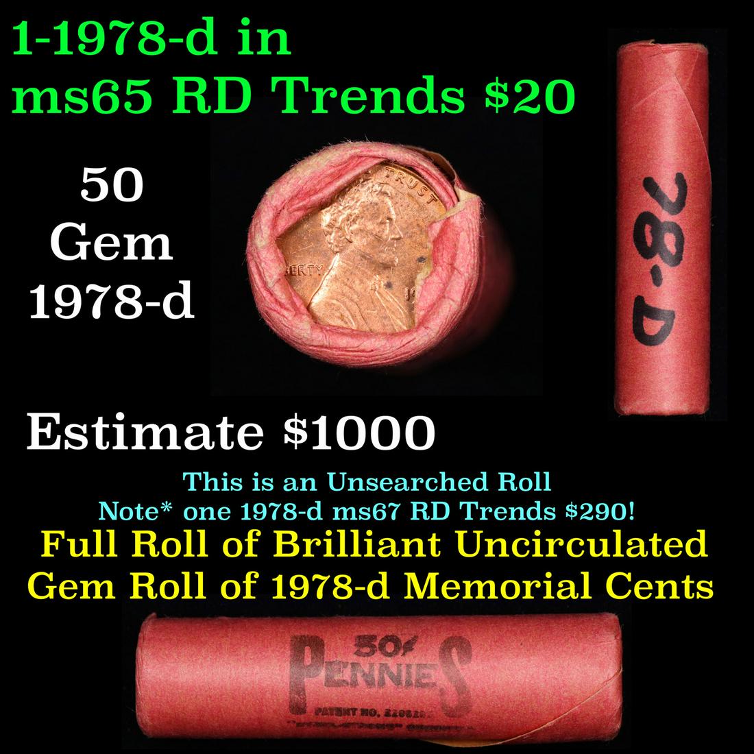 Shotgun Lincoln 1c roll, 1978-d 50 pcs Steel-Strong Wrapper.: Shotgun Lincoln 1c roll, 1978-d 50 pcs Steel-Strong Wrapper.. A terrific Shotgun roll of Lincoln cents. Most if not all coin should be cherry red.