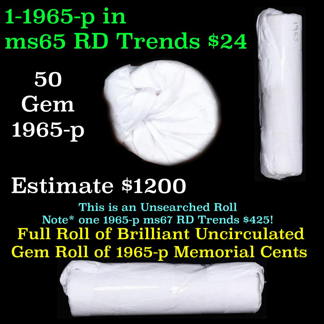Shotgun Lincoln 1c roll, 1965-p 50 pcs Brandt Wrapper.: Shotgun Lincoln 1c roll, 1965-p 50 pcs Brandt Wrapper.. A terrific Shotgun roll of Lincoln cents. Most if not all coin should be cherry red.