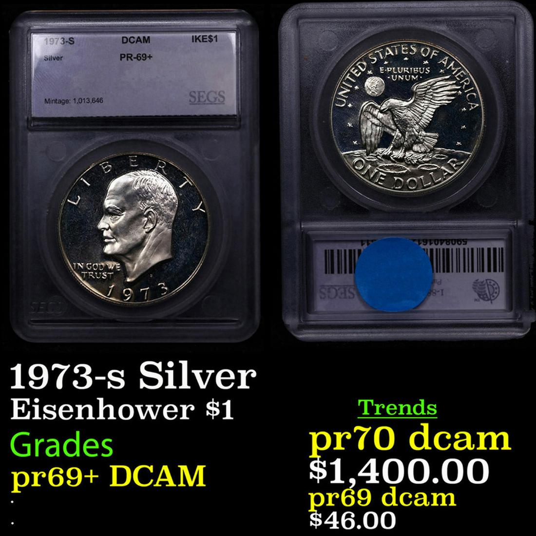 Proof 1973-s Silver Eisenhower Dollar $1 Graded ms69+ dmpl By SEGS (1 of 3)
