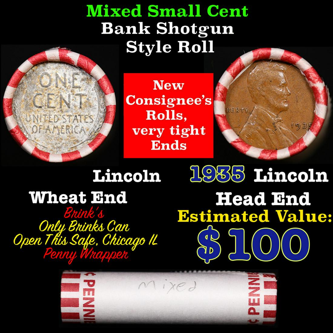 Mixed small cents 1c orig shotgun roll, 1935-p Wheat Cent,Steel Cent other end, Brinks Wrapper.: Mixed small cents 1c orig shotgun roll, 1935-p Wheat Cent,Steel Cent other end, Brinks Wrapper.. The roll is held in an old Rare & Collectable Brinks 'Only Brinks Can Open This Safe, Chicago IL' Penny