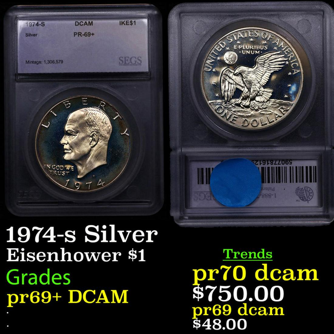 Proof 1974-s Silver Eisenhower Dollar $1 Graded ms69+ dmpl By SEGS (1 of 3)