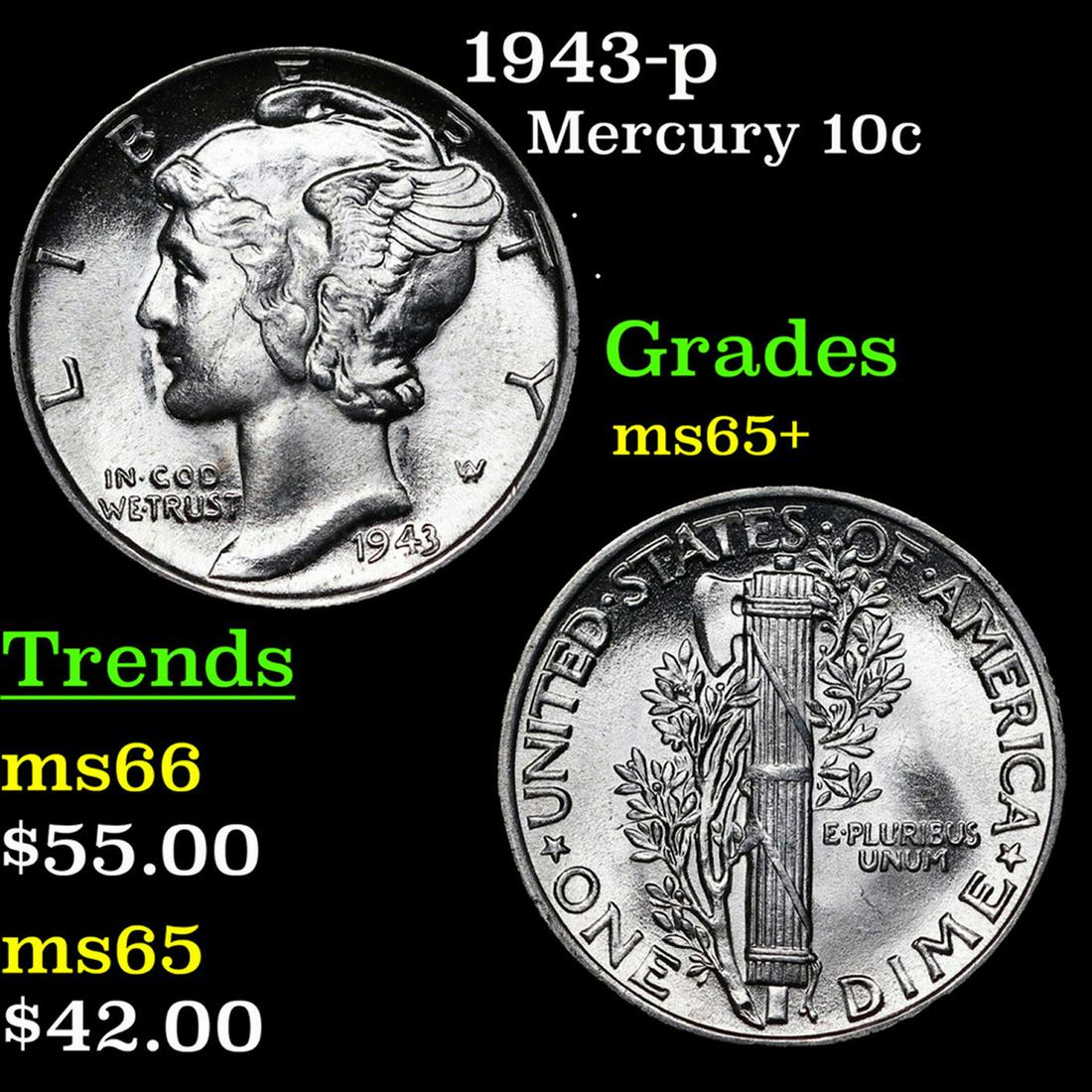 1943-p Mercury Dime 10c Grades GEM+ Unc (1 of 3)