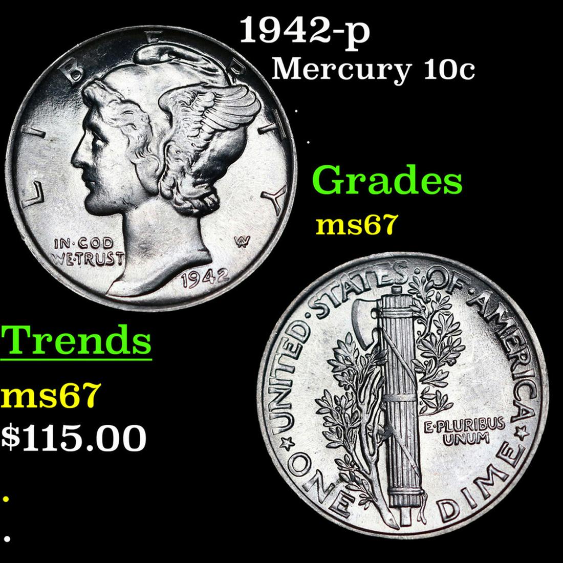 1942-p Mercury Dime 10c Grades GEM++ Unc (1 of 3)