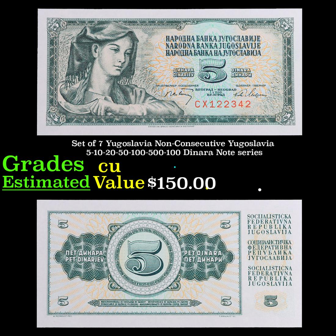 Set of 7 Yugoslavia Non-Consecutive Yugoslavia 5-10-20-50-100-500-100 Dinara Note series Grades CU (1 of 16)