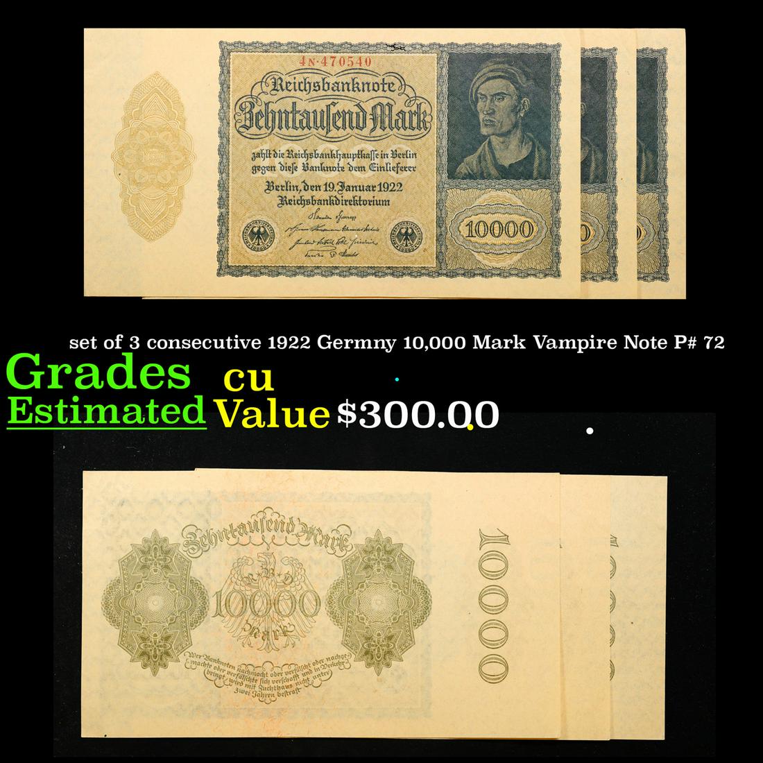 set of 3 consecutive 1922 Germny 10,000 Mark Vampire Note P# 72 Grades CU (1 of 7)