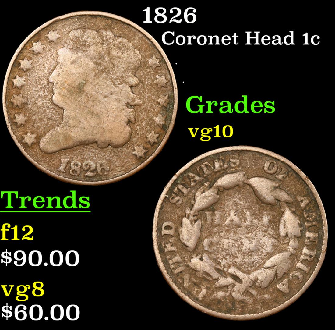 1826 Coronet Head Large Cent 1c Grades vg+ (1 of 3)