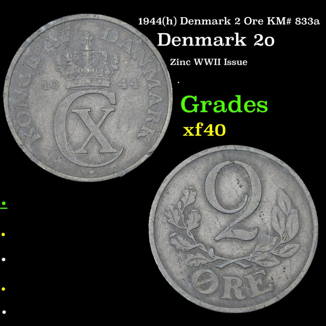 1944(h) Denmark 2 Ore KM# 833a Grades xf (1 of 3)