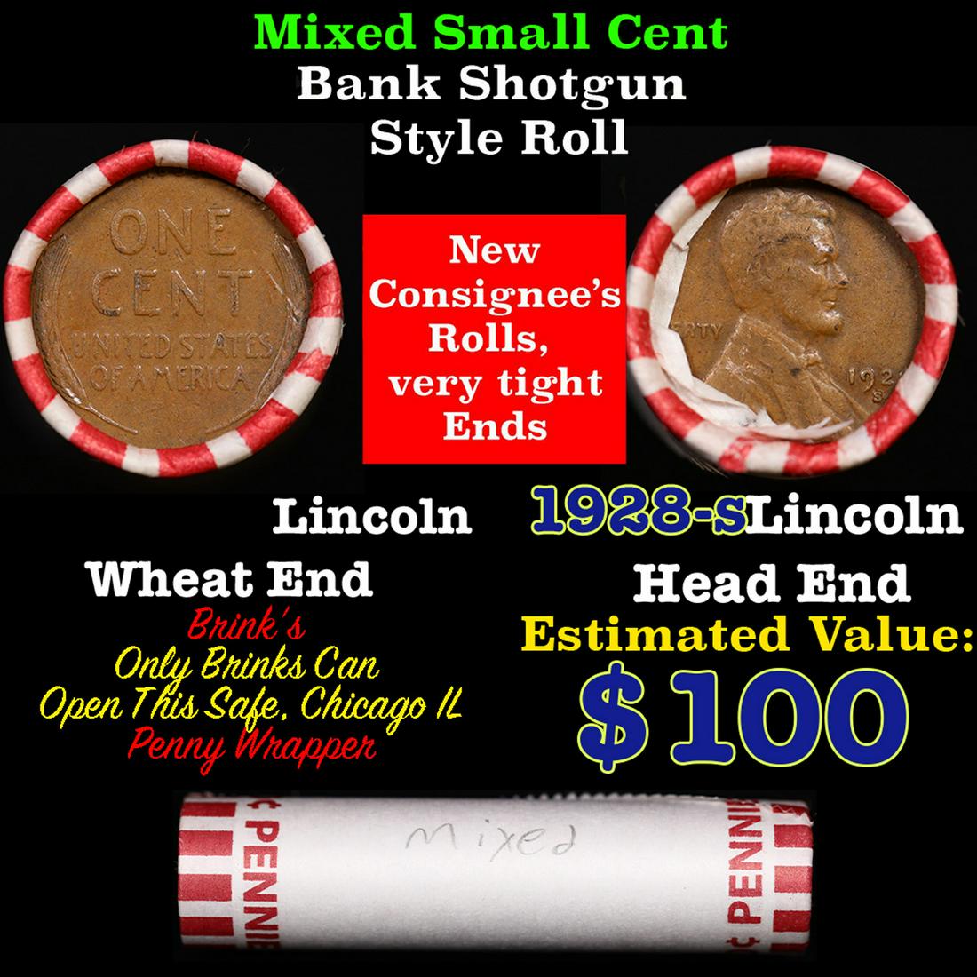 Mixed small cents 1c orig shotgun roll, 1929-s Lincoln Cent,Wheat Cent other end, Brinks Wrapper.: Mixed small cents 1c orig shotgun roll, 1929-s Lincoln Cent,Wheat Cent other end, Brinks Wrapper.. The roll is held in an old Rare & Collectable Brinks 'Only Brinks Can Open This Safe, Chicago IL' Pen