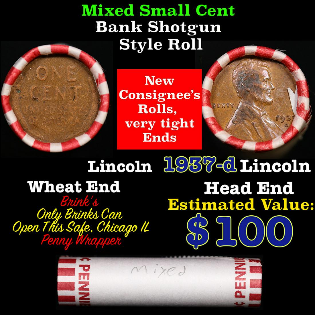 Mixed small cents 1c orig shotgun roll, 1937-d Wheat Cent, Wheat Cent other end, Brinks Wrapper.: Mixed small cents 1c orig shotgun roll, 1937-d Wheat Cent, Wheat Cent other end, Brinks Wrapper.. The roll is held in an old Rare & Collectable Brinks 'Only Brinks Can Open This Safe, Chicago IL' Penn