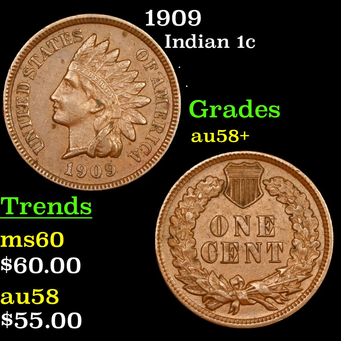 1909 Indian Cent 1c Grades Choice AU/BU Slider+ (1 of 3)