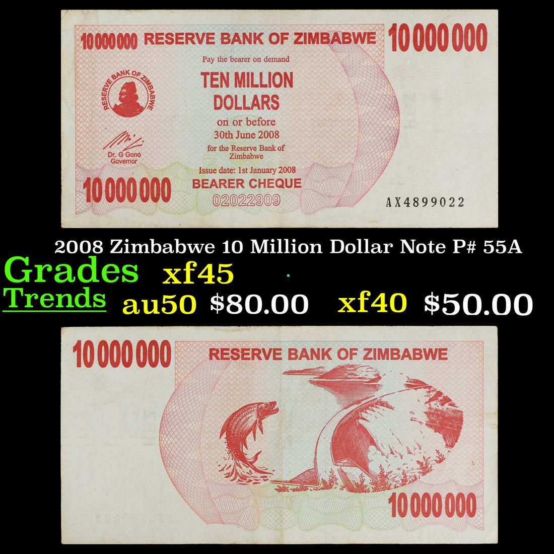 2008 Zimbabwe 10 Million Dollar Note P# 55A Grades xf+ (1 of 3)