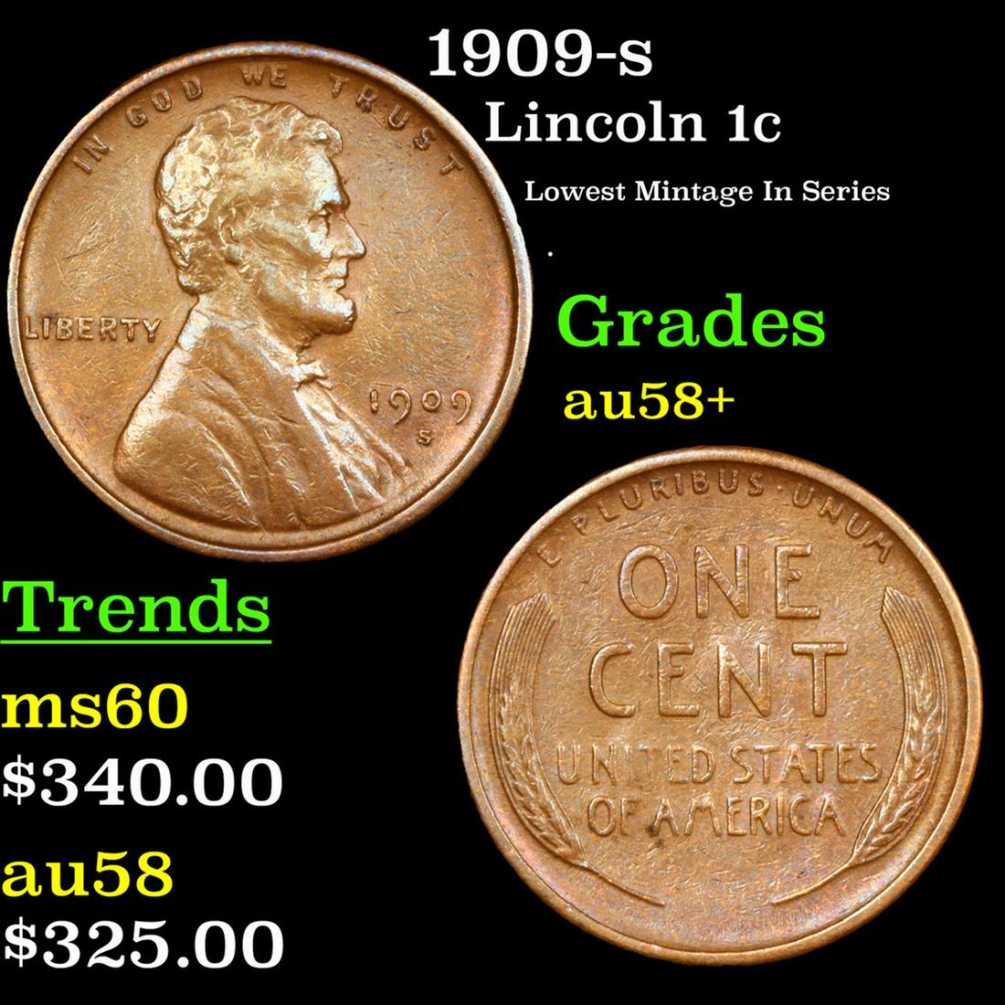 1909-s Lincoln Cent 1c Grades Choice AU/BU Slider+ (1 of 3)