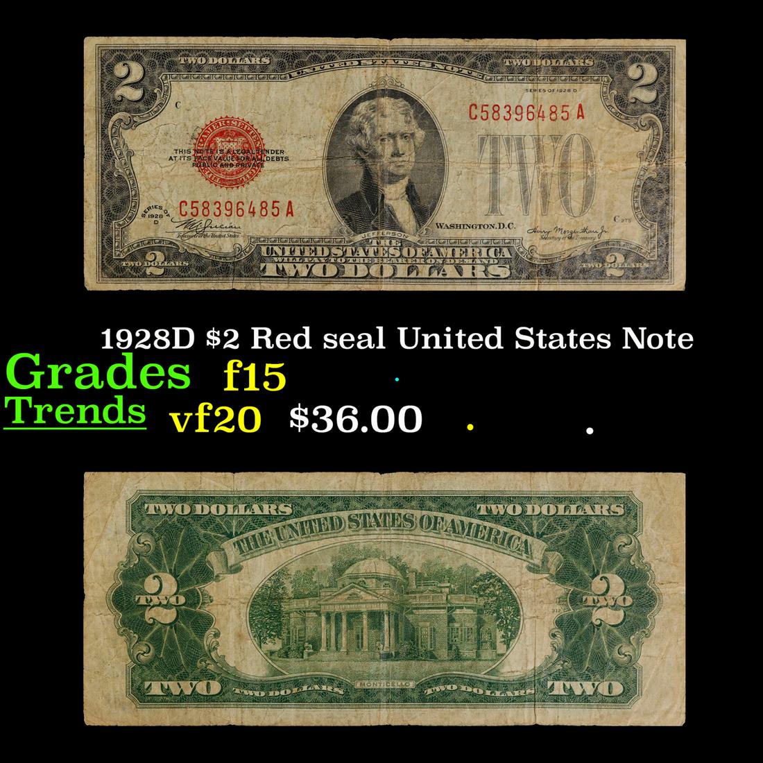 1928D $2 Red seal United States Note Grades f+: 1928D $2 Red seal United States Note Grades f+. This is the first â€œsmall size” two dollar bill issued by The U.S. In 1928 the size of paper money was changed to the size that we are famili