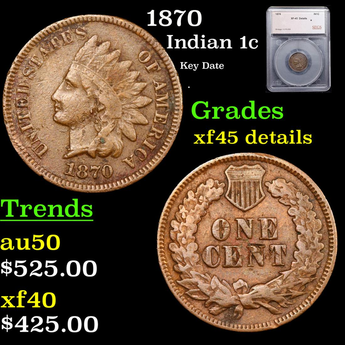 1870 Indian Cent 1c Graded xf45 details BY SEGS (1 of 5)