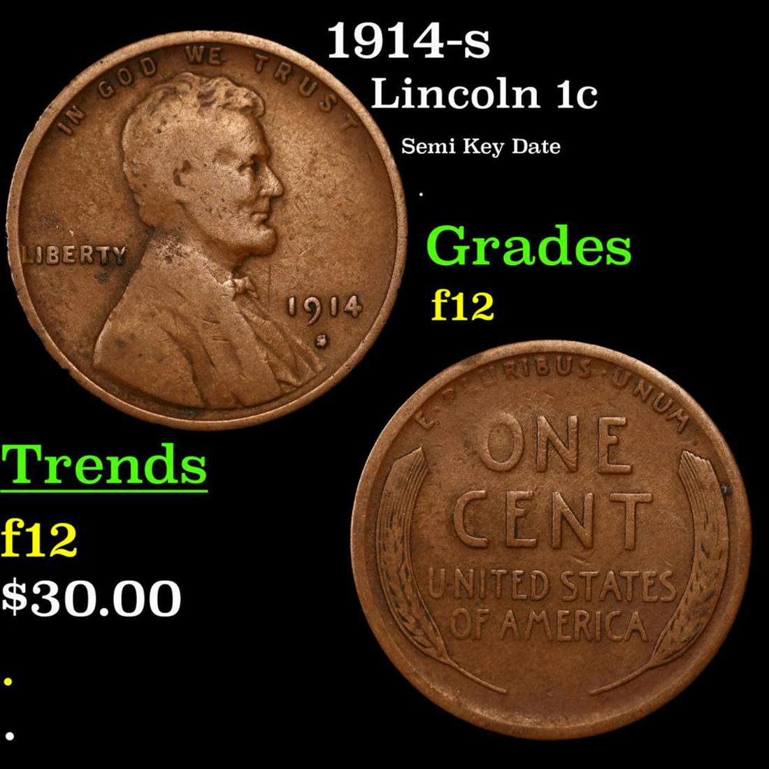 1914-s Lincoln Cent 1c Grades f, fine (1 of 3)